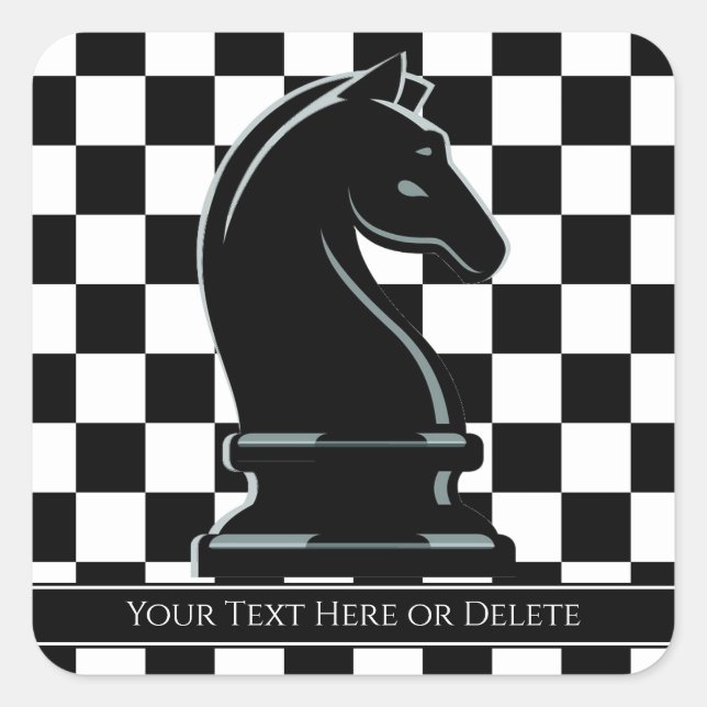 Custom Colour & Text Chessboard Black Knight Chess Square Sticker (Front)