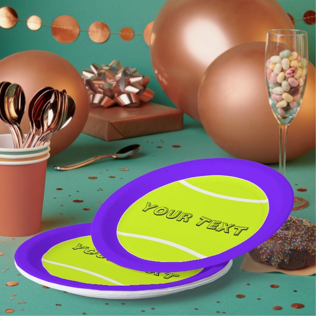 Custom Colour & Text Tennis Ball Paper Party Plate (Multi)