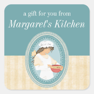 custom colour vintage bakery girl baking food labe square sticker