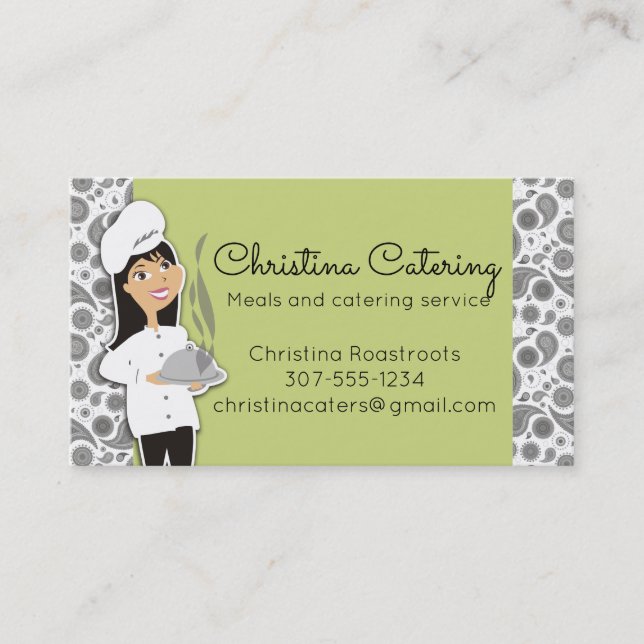 Custom colour woman chef black hair catering business card (Front)