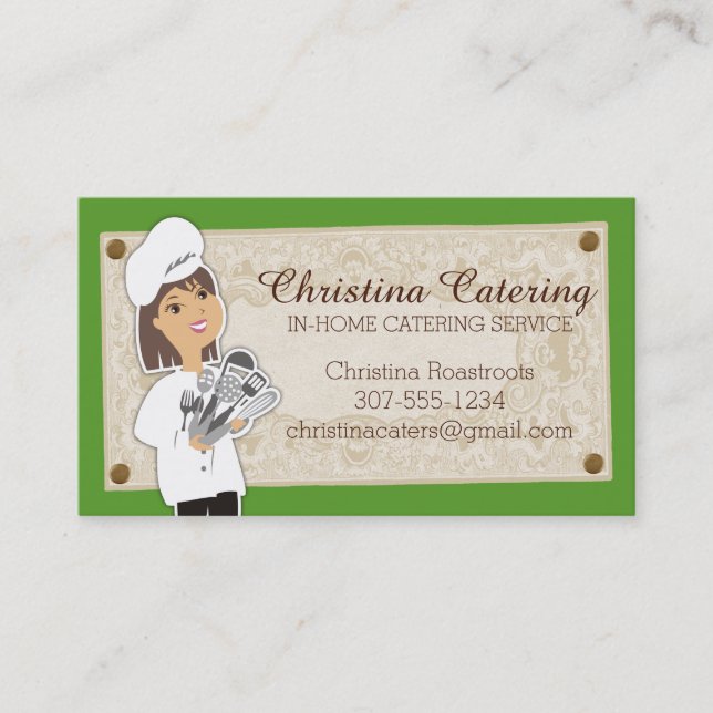 Custom colour woman chef brunette catering business card (Front)