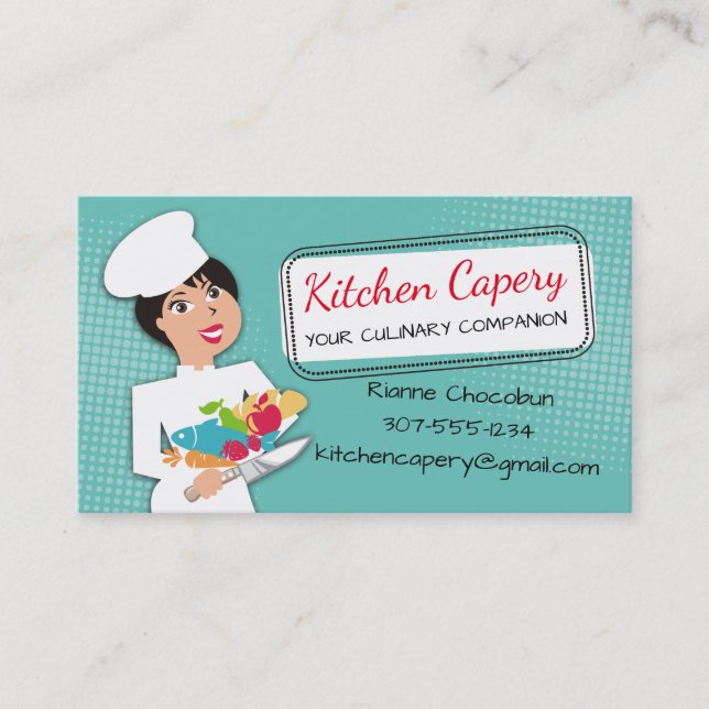 Custom colour woman chef culinary catering business card (Front)