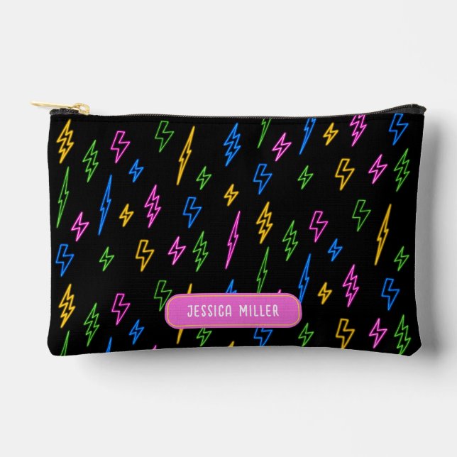 Custom Colourful 80's Retro Neon Lightning School Accessory Pouch (Front)