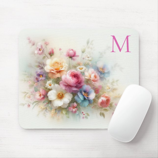 Custom Colourful Aquarell Floral Template Monogram Mouse Mat (With Mouse)