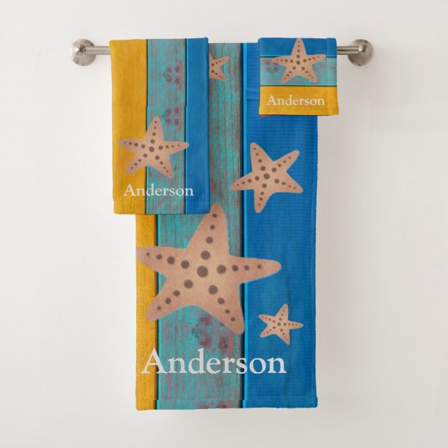 Custom Colourful  Beach Rustic Wood Starfish Bath Towel Set (Insitu)