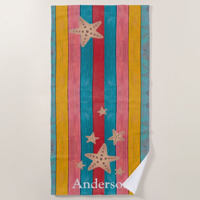 Custom Colourful  Beach Rustic Wood Starfish  Towel (Front)