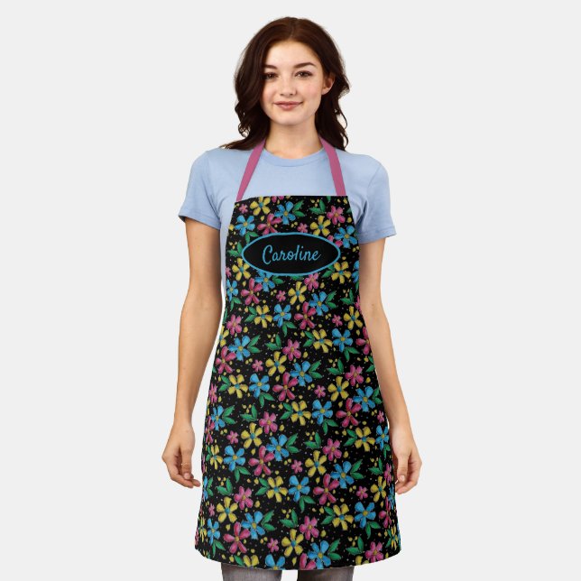 Custom Colourful Floral Pattern on Black Apron (Worn)