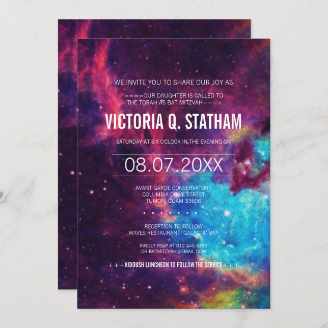 Custom Colourful Galaxy Bat Mitzvah Party Invite (Front/Back)