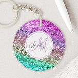 Custom Colourful Glitter Mermaid Monogrammed Name Key Ring<br><div class="desc">Easily personalise this beautiful sparkly faux glitter round acrylic keychain with your custom monogram and name.</div>