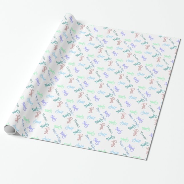 Custom Colourful Lizards Birthday Wrapping Paper (Unrolled)
