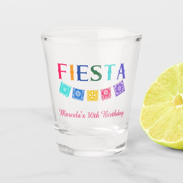 Custom Colourful Mexican Fiesta Birthday  Shot Glass (Front)