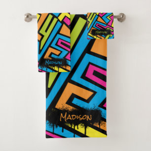 Custom Colourful Neon Graffiti Street Art Pattern  Bath Towel Set