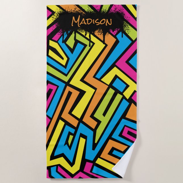 Custom Colourful Neon Graffiti Street Art Pattern  Beach Towel (Front)