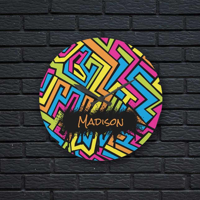 Custom Colourful Neon Graffiti Street Art Pattern  Large Clock (Creator Uploaded)