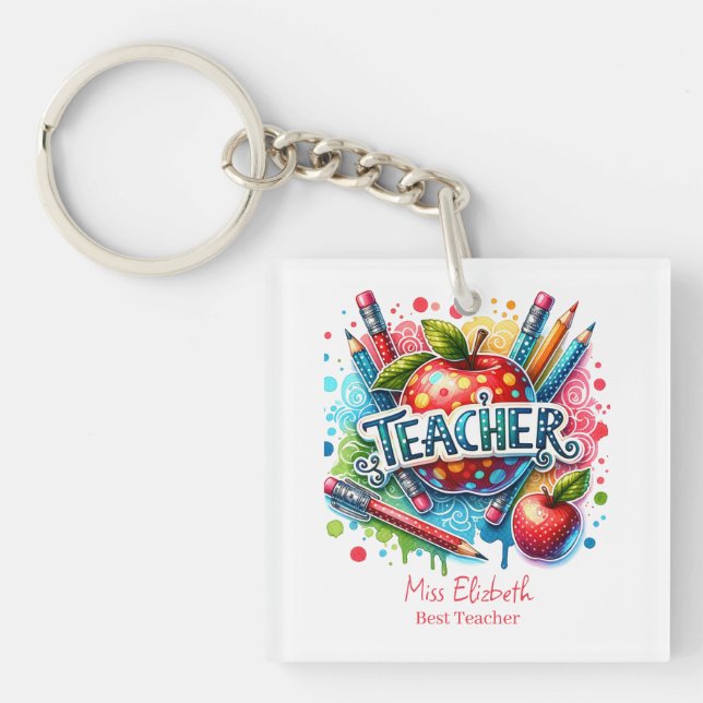 Custom Colourful Pencil Apple Teacher Appreciation Key Ring (Front)