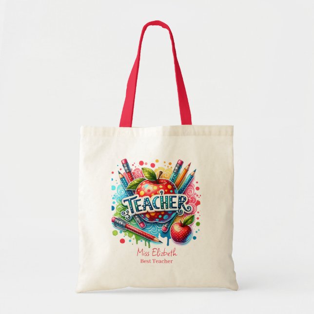 Custom Colourful Pencil Apple Teacher Appreciation Tote Bag (Front)