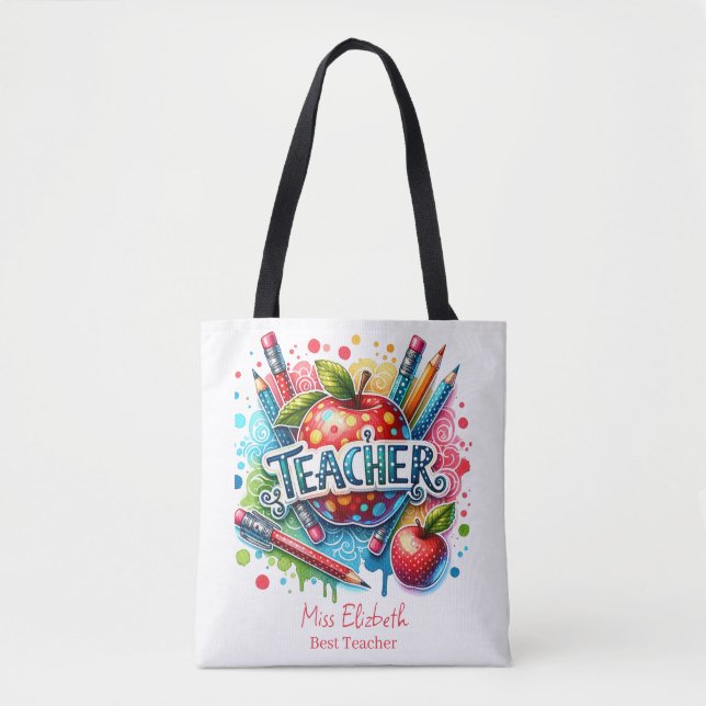 Custom Colourful Pencil Apple Teacher Appreciation Tote Bag (Front)