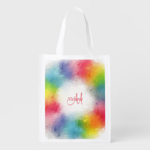 Custom Colourful Rainbow Monogram Modern Template Reusable Grocery Bag