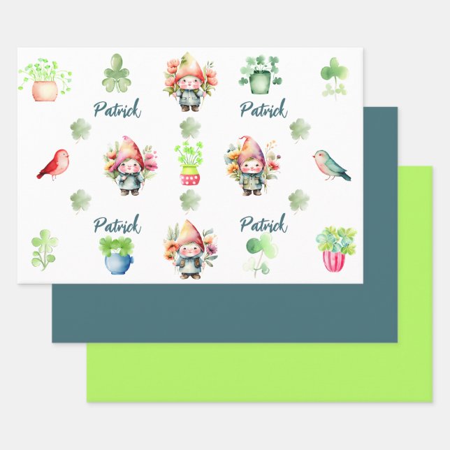 Custom Colourful St. Patrick's Gnomes Set of 3  Wrapping Paper Sheet (Set)