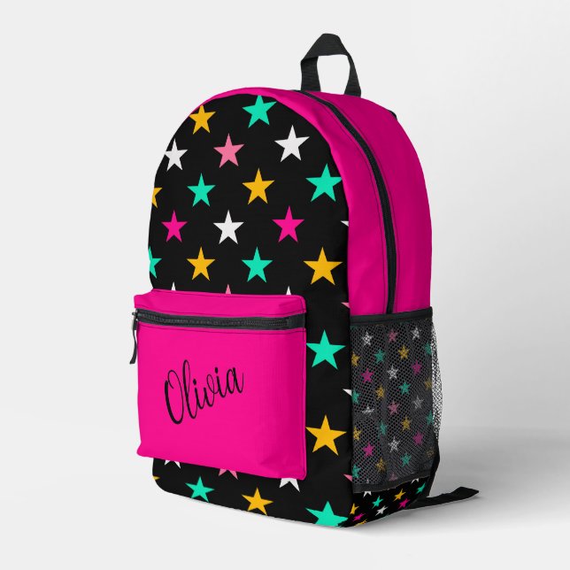 Custom colourful Stars and solid Hot Pink Printed Backpack (Back Corner Right)