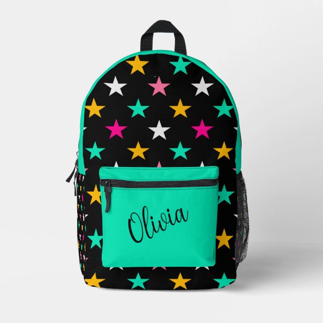 Custom colourful Stars and solid Light Teal Printed Backpack (Front)