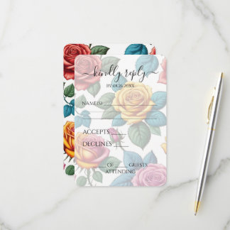 Custom Colourful Vintage Roses Wedding RSVP Card