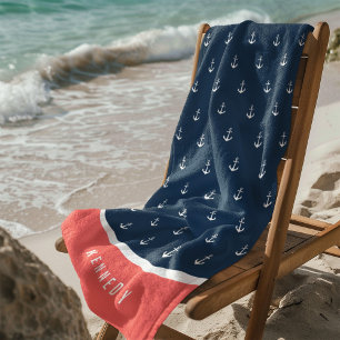 Custom Colours Add Name Nautical Anchor Beach Towel