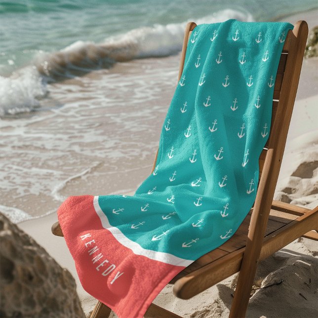 Custom Colours Add Name Nautical Anchor Beach Towel (Creator Uploaded)