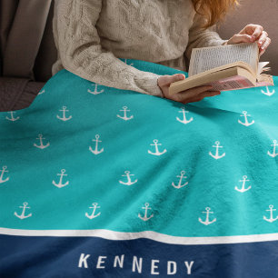 Custom Colours Add Name Nautical Anchor Fleece Blanket