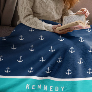 Custom Colours Add Name Nautical Anchor Fleece Blanket