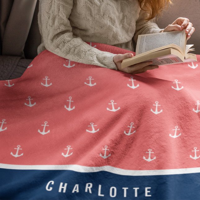 Custom Colours Add Name Nautical Anchor Fleece Blanket (Creator Uploaded)