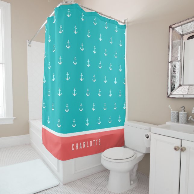 Custom Colours Add Name Nautical Anchor Shower Curtain (In Situ)