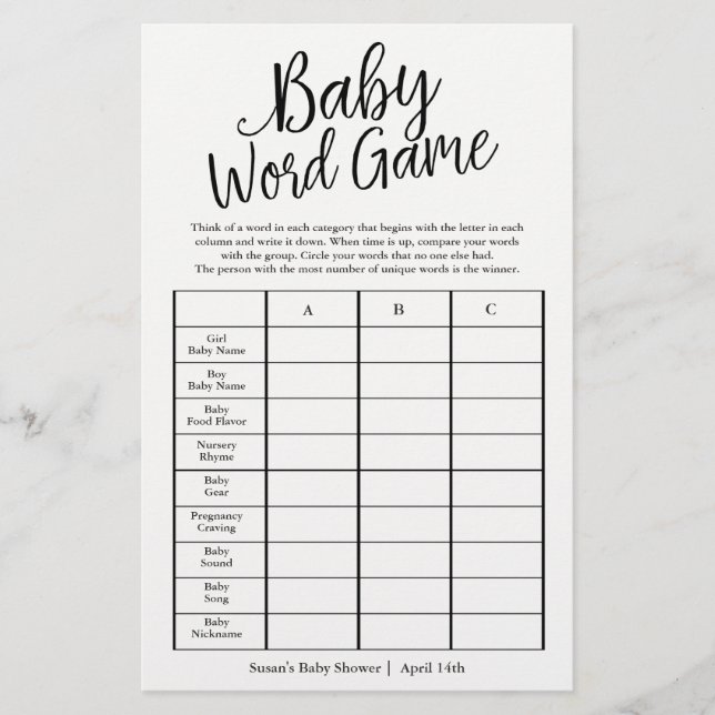 Custom Colours Baby Word Game Shower Game Card (Front)