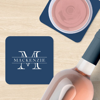 Custom Colours Border Bar Family Name Monogram Square Paper Coaster
