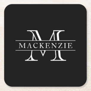 Custom Colours Border Bar Family Name Monogram Square Paper Coaster