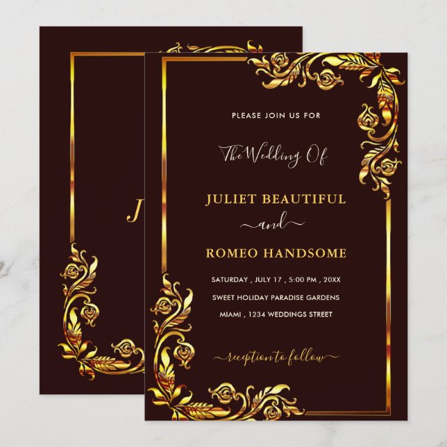 Custom Colours Gold Floral Frame Wedding Invitatio (Front/Back)