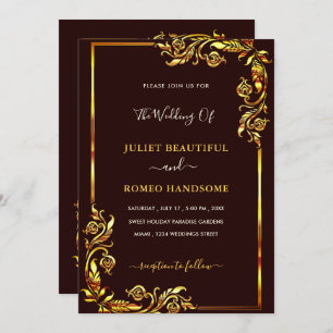 Custom Colours Gold Floral Frame Wedding Invitatio