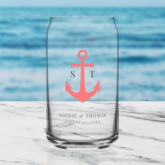 Custom Colours Monogram Anchor Wedding  Can Glass (Creator Uploaded)