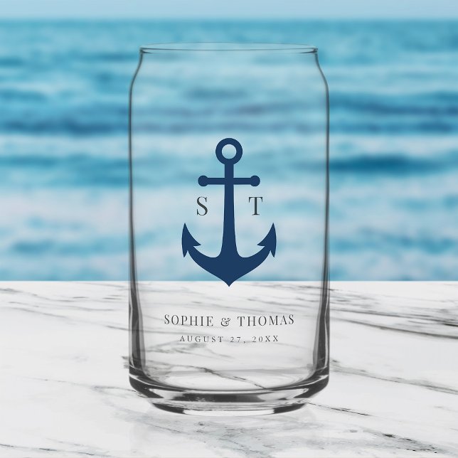 Custom Colours Monogram Anchor Wedding  Can Glass (Creator Uploaded)