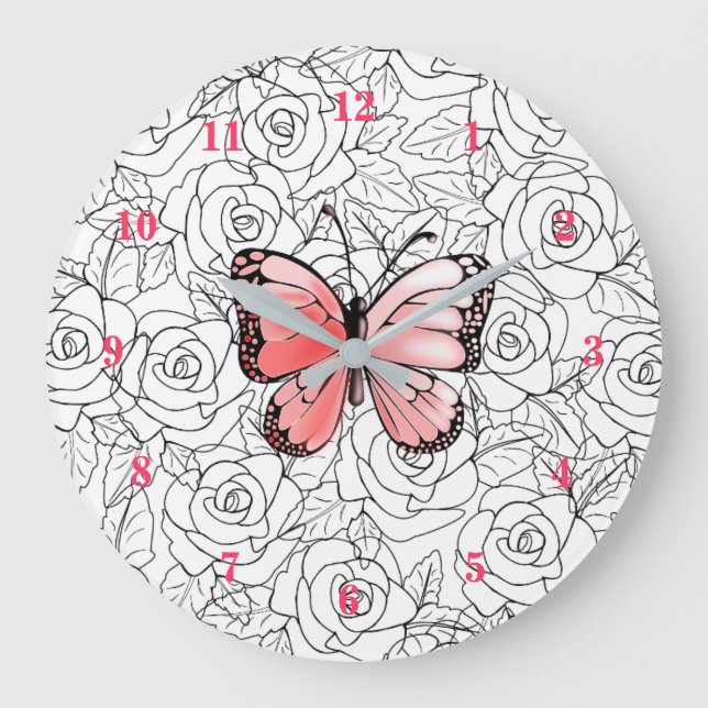 Custom Colours Wall Clock - Pink Butterfly in Rose (Front)
