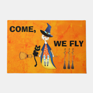 Custom COME, WE FLY Witch Cat Orange Welcome Deco Doormat