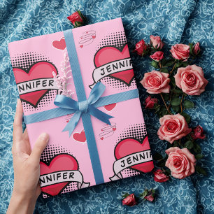 Custom comic book style pink heart gifts  wrapping paper