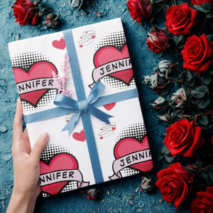 Custom comic book style white heart gifts wrapping paper