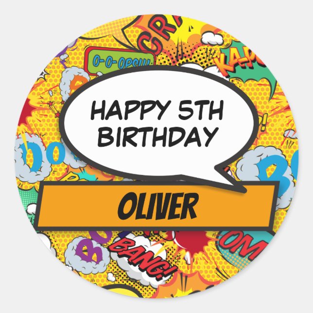 Custom Comic Book Superhero Birthday Party Classic Classic Round Sticker (Front)