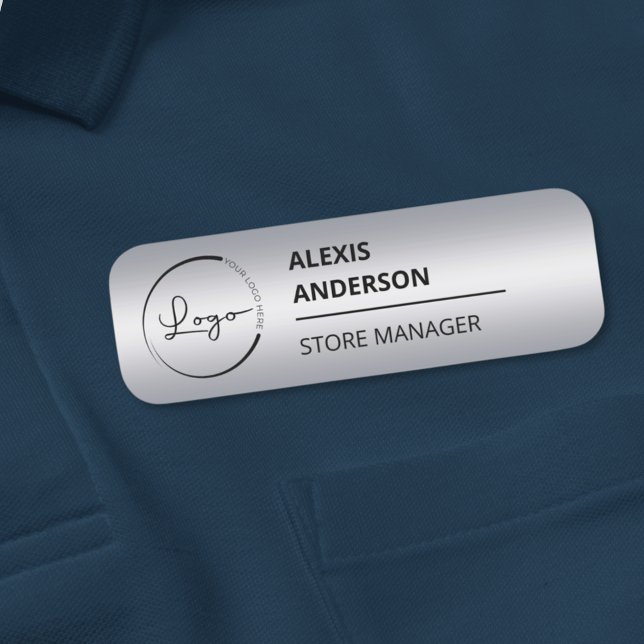 Custom Company Business Logo Faux Silver Name Tag (Creator Uploaded)