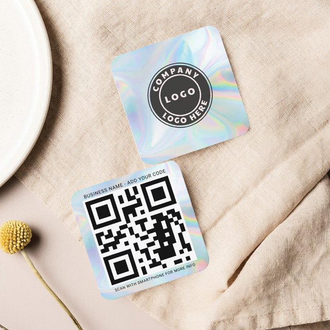 Custom Company Logo and QR Code Holographic Square Business Card (Company Logo QR Code Rounded Corner Square Business Card)