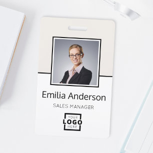 Custom Company Logo Bar Code Employee Photo Beige  ID Badge
