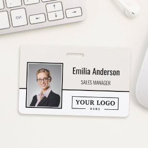 Custom Company Logo Bar Code Employee Photo Beige  ID Badge