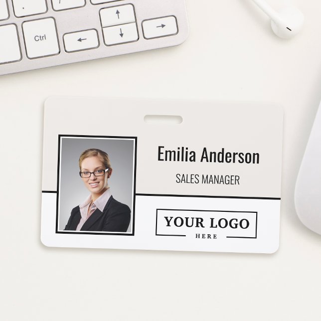 Custom Company Logo Bar Code Employee Photo Beige  ID Badge (Creator Uploaded)