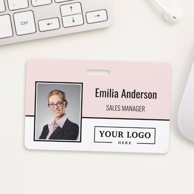 Custom Company Logo Bar Code Employee Photo Blush ID Badge (Creator Uploaded)